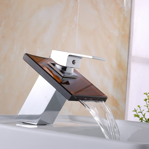 Brown Glass Waterfall 1 lever Contemporary Basin Mono mixer Tap
